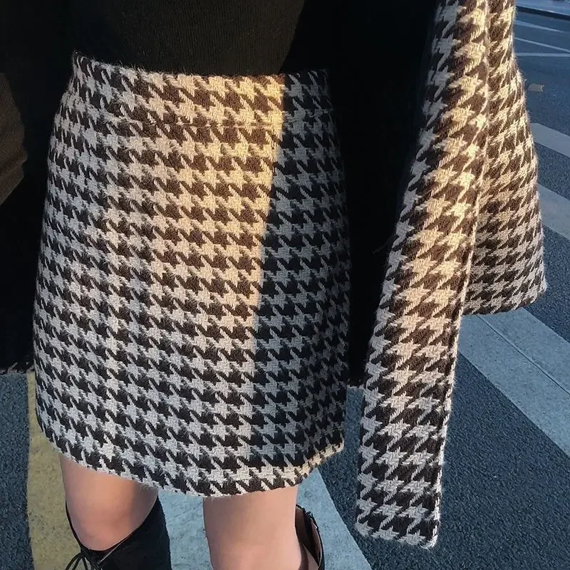 Image of Autumn Winter Plaid Woolen Ladies 2 Piece Set Long Sleeve Suit Coat And High Waist A-line Mini Skirt Outfit