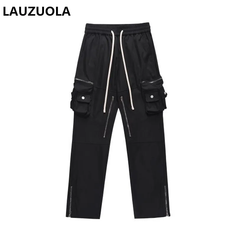 High Quality Luxury Multi Zipper Pocket Lace Up Wide Leg Cargo Pants Black