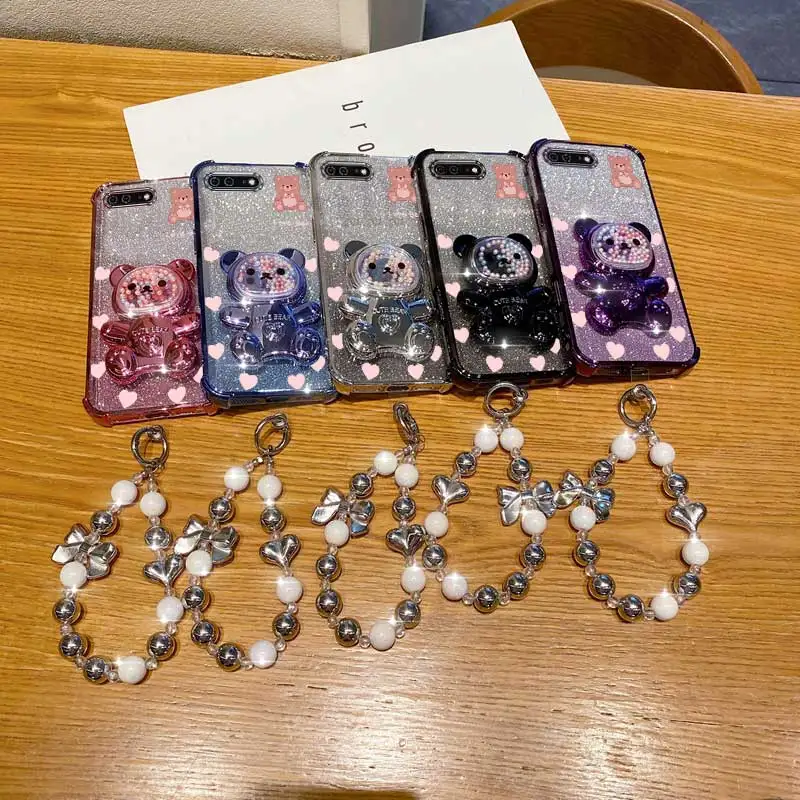 Pearl Strap Glitter Teddy Bear Phone Holder Case with Anti-Knock Stand Cover
