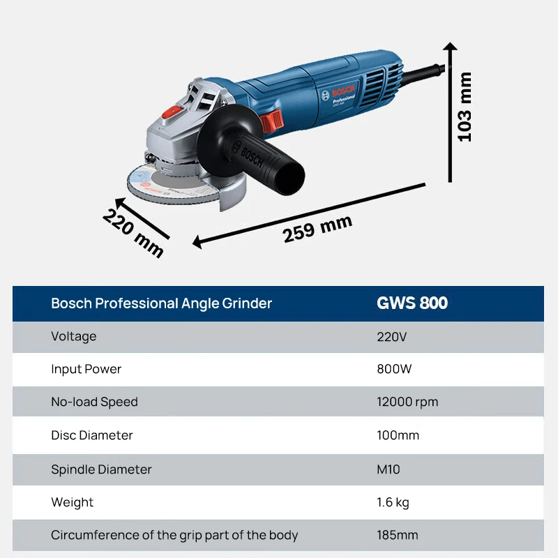 BOSCH GWS 800 앵글 그라인더 800W 12000RPM 100mm 금속 석재 절단 연마용 전기 연삭 공구