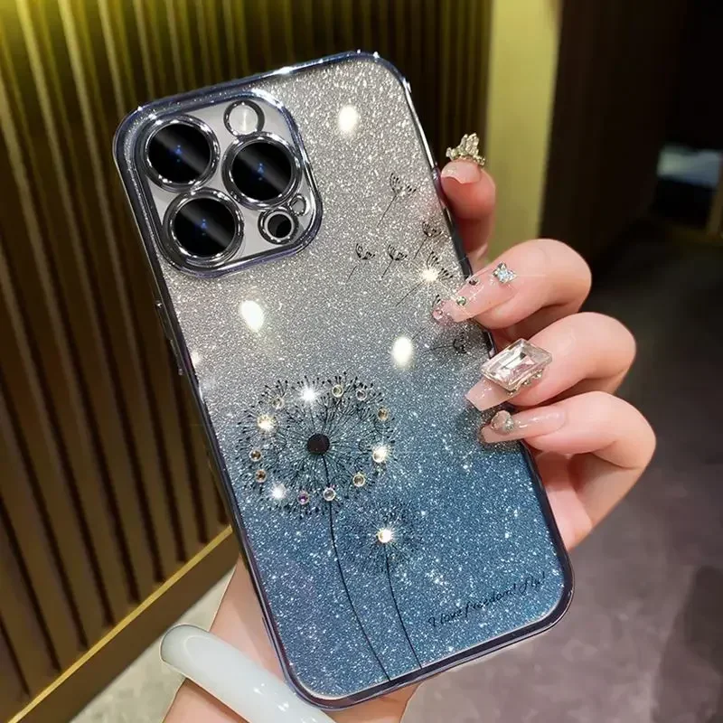 Überzug Gradient Glitter Löwenzahn Fall Für iPhone 15 12 11 13 14 Pro Mini X Xs Max Xr 7 8 Plus SE2 Bling Diamant Weich_voghion.com