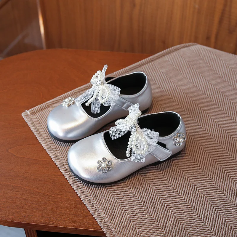 Girls Flat Shoes Round Toes Sweet Lace Bows Kids Leather Shoes Korean Style 2025 Autumn New Children Dance Shoes MaryJanes Ins