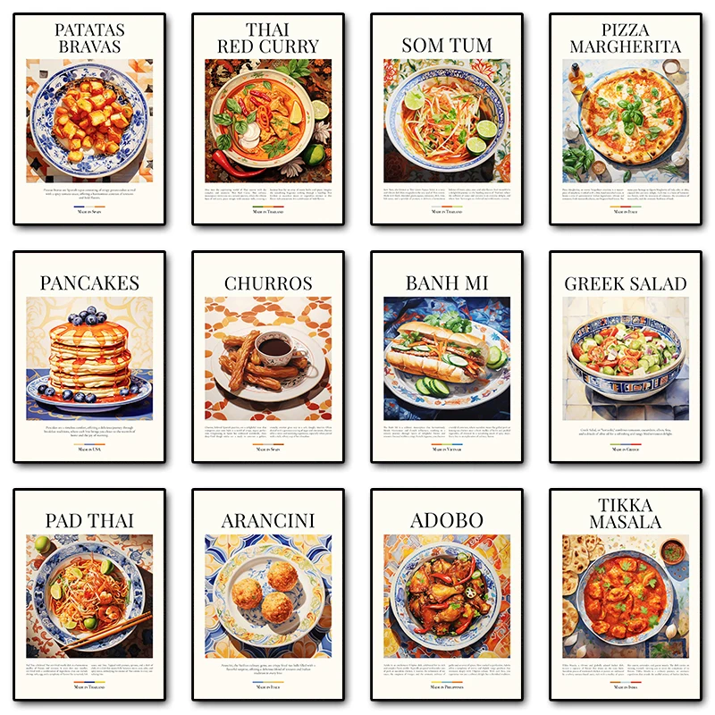 Cucina Cibo Poster Patatas Bravas Churros Pizza Pancake Tela Pittura Stampe Immagine Della Parete Per Bar Sala Da Pranzo Decorazioni Per La Casa