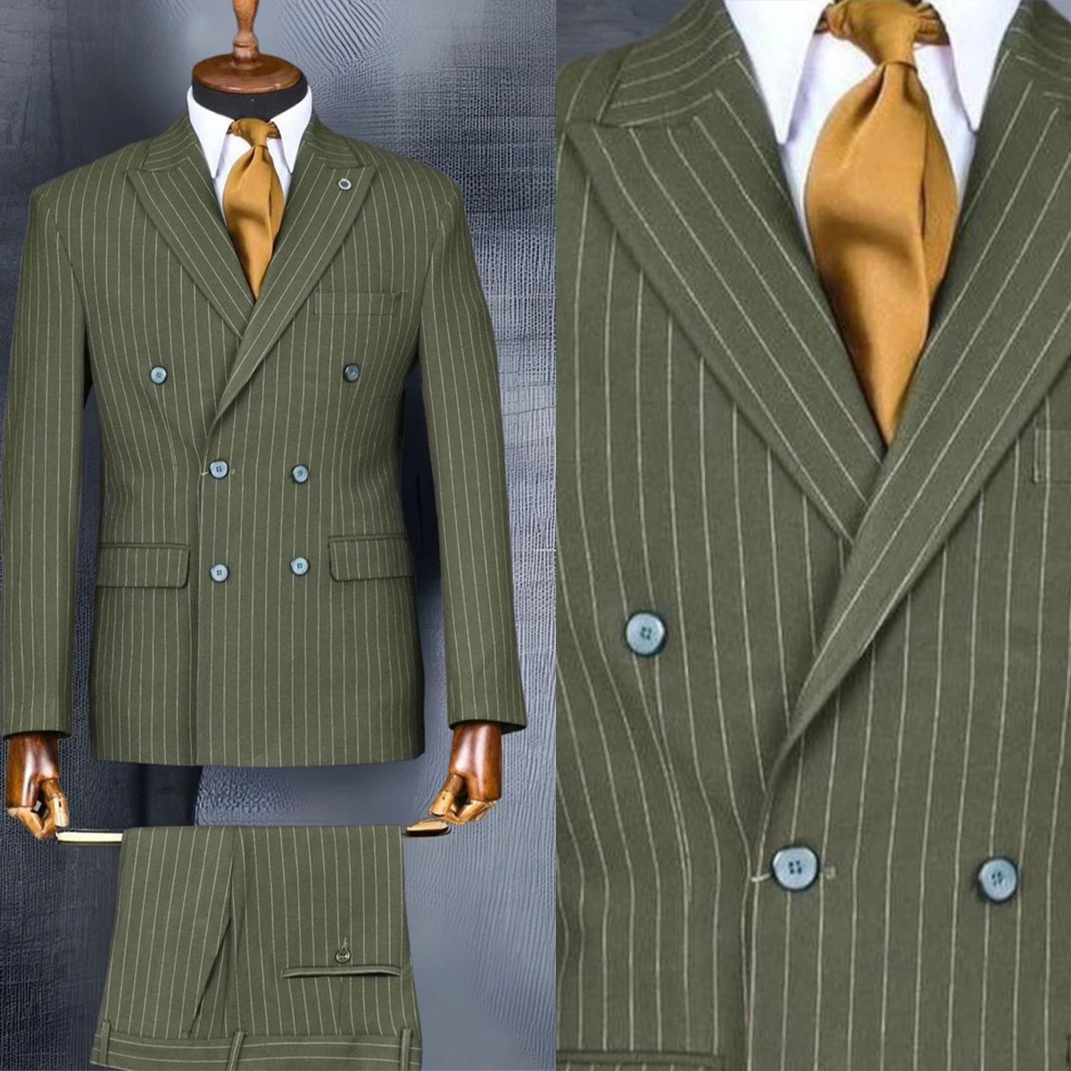 Green Men's Suits Tailor-Made 2 Pieces Blazer Pants Double Breasted Business Pinstripes BusinessWedding Groom Tailored Plus Size