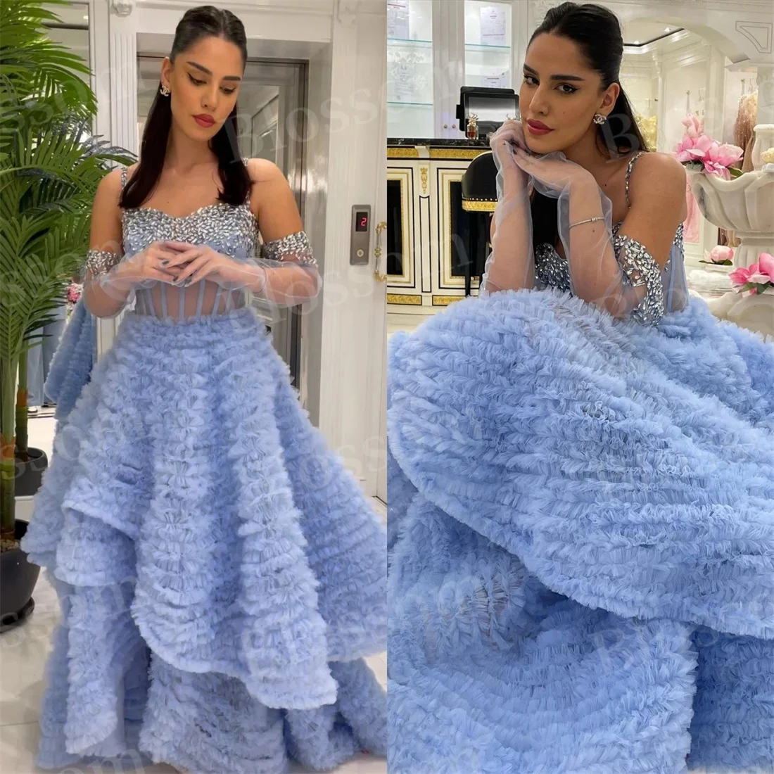 

Tulle A-line Crystal Gorgeous Evening Dresses Gloves Floor-length Prom Dresses Formal Party Gown vestidos para mujer