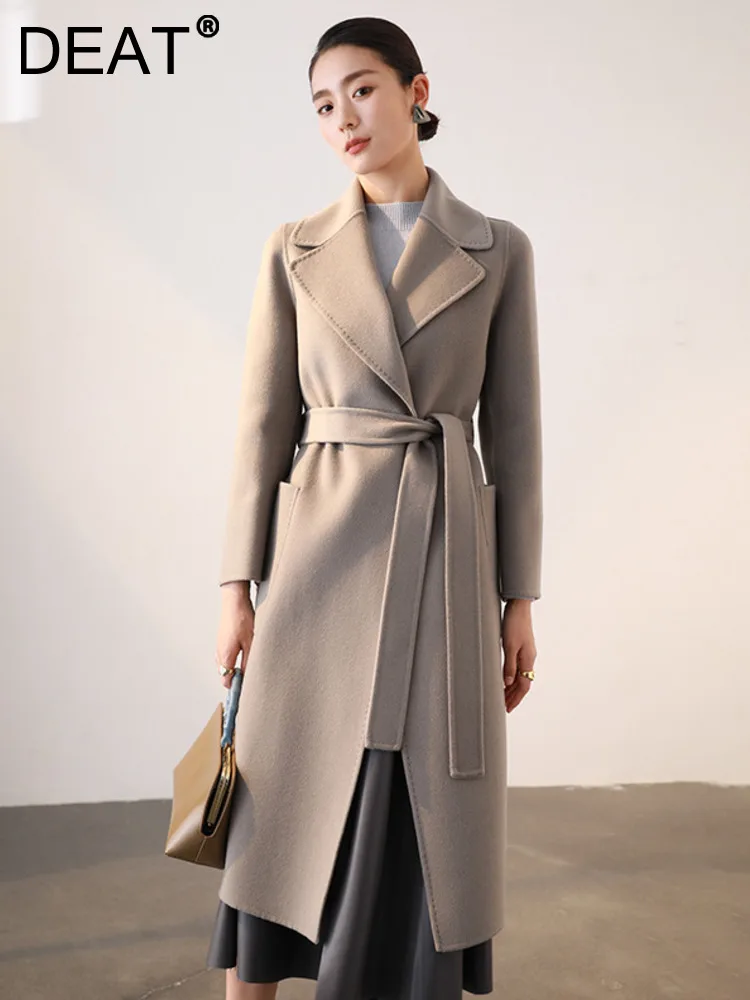 

Женское двухстороннее кашемировое пальто DEAT, свободное серое пальто с отложным воротником и длинным рукавом, пальто с широкой талией, новинка зимы 2023, 7AB2935