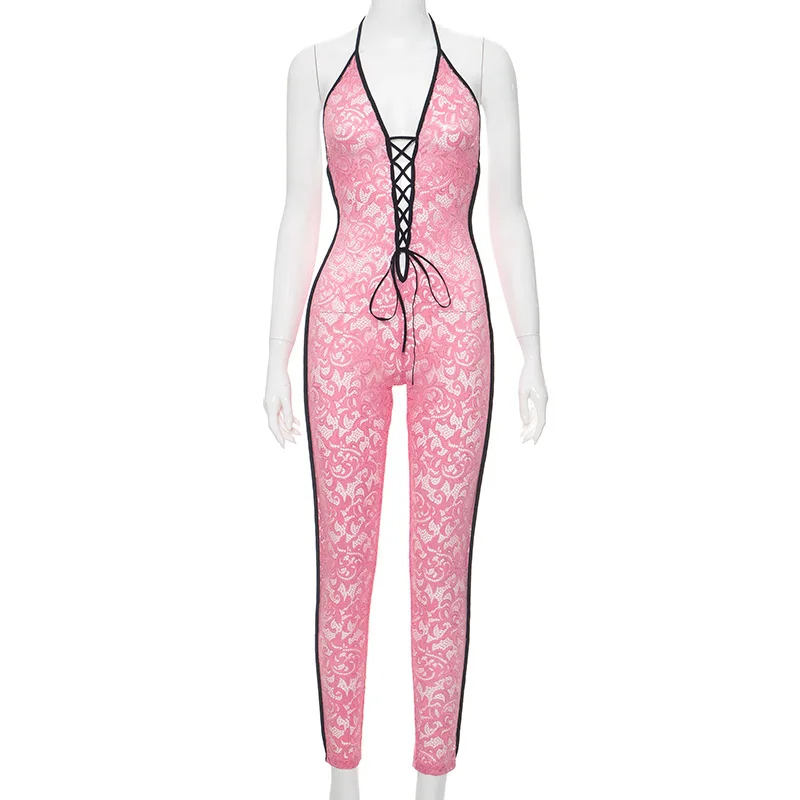 Women Sexy See Through Hollow Out Bandage Lace Jumpsuit 2024 Spring Deep V Neck Halter Backless Slim Party Clubwear Overalls