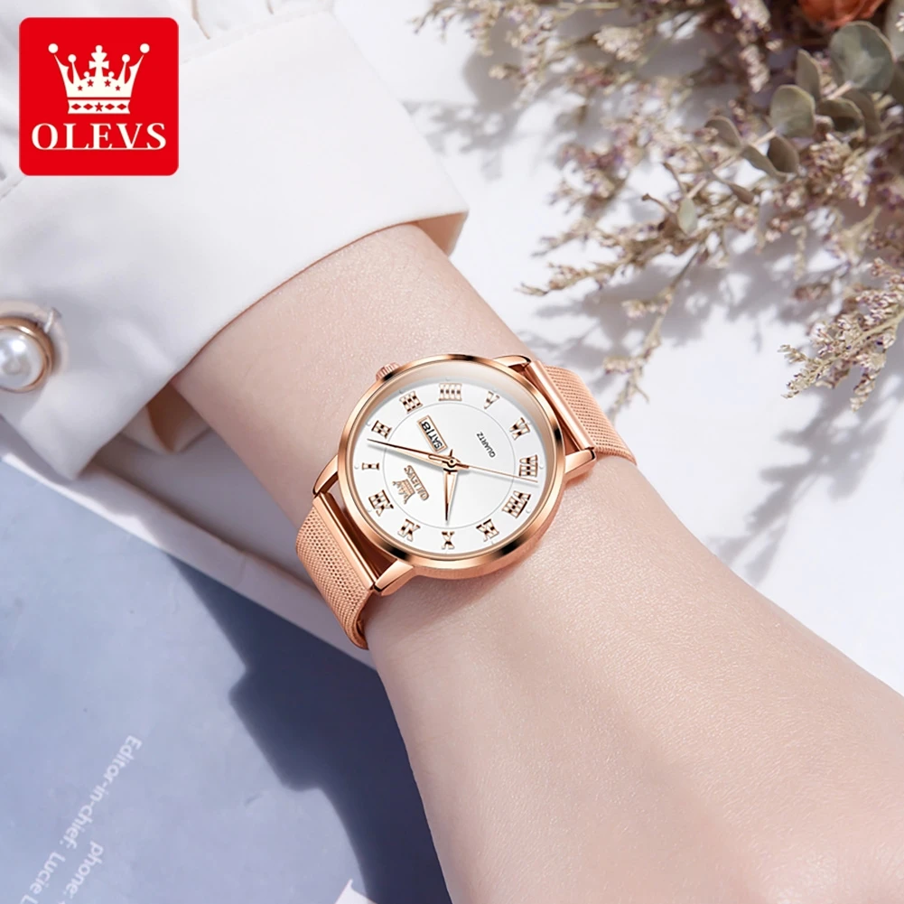 ساعة كوارتز عصرية من OLEVS للنساء بتقويم مزدوج وحز...