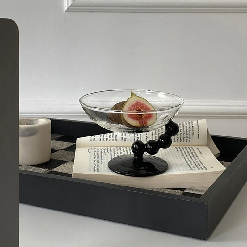 1 Piece 290ml 10oz European Style Large Glass Cake Plate Black Ball Stemmed Fruit Dessert Bowl Cocktail Glass Table Decor