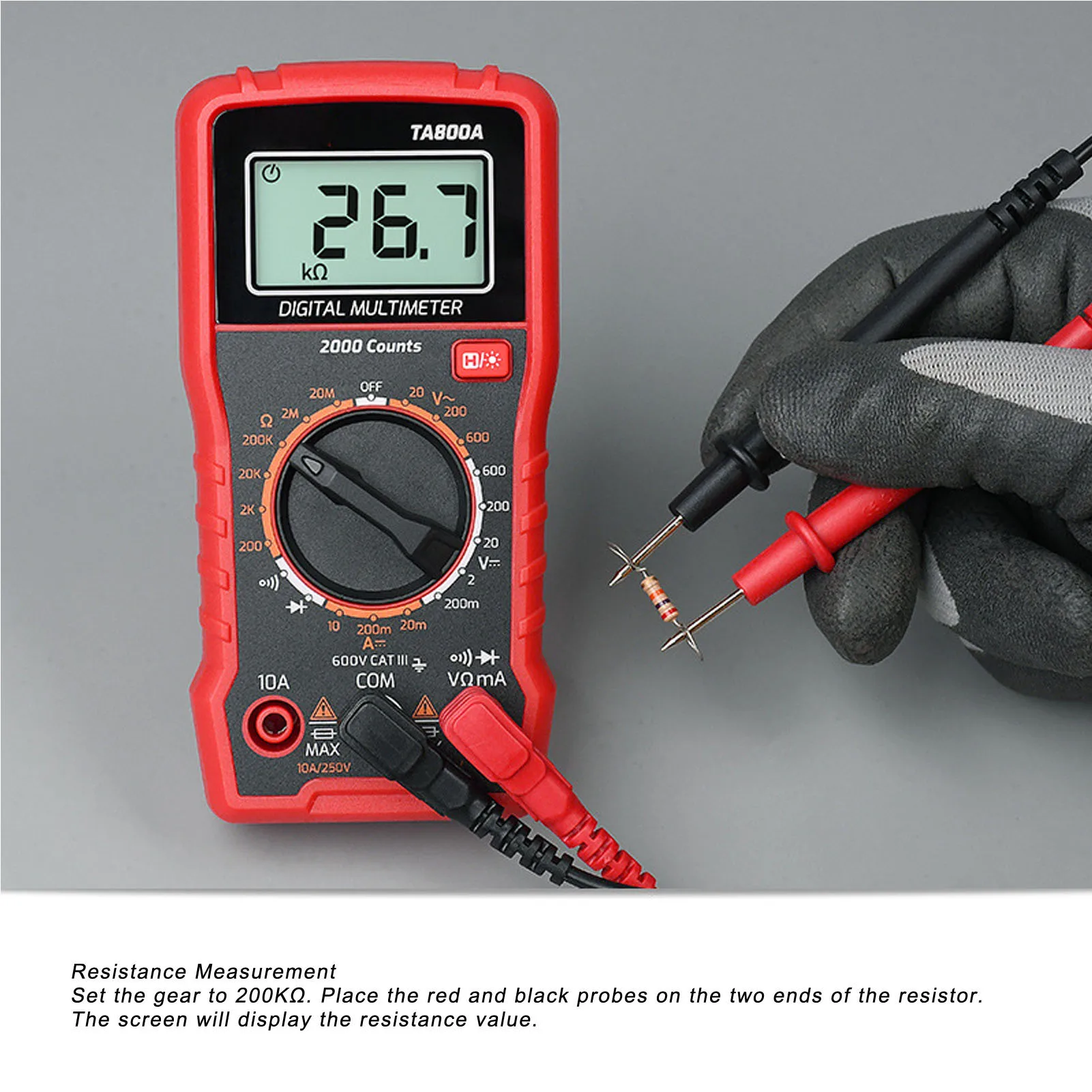TA800A 2000자리 자동 범위 조정 멀티미터(전기 테스트용) AC/DC 전압, 전류, 저항, NCV 및 연속성 테스트 기능 포함