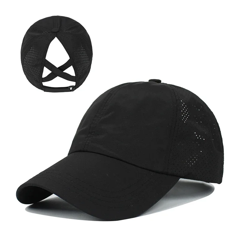 Solid Color Baseball Caps Golf Wear Women Sport Leisure Cross Ponytail Hat...