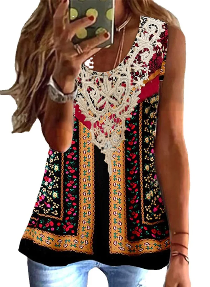

Summer Women's Tops 2023 Fashion New Printing Retro Shirt Sleeveless Lace Undershirt Tops Female
