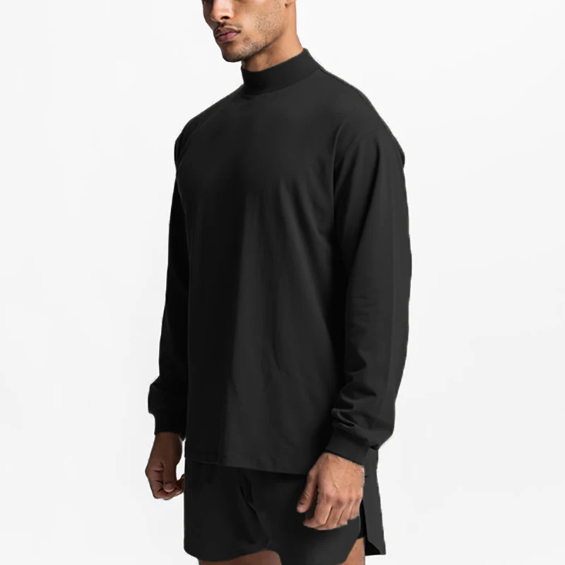 

Oversized Long Sleeve T-shirt Mens Turtleneck Dropped Shoulder Loose Sports Fitness T Shirt Cotton Gym Bodybuilding Tops Tees