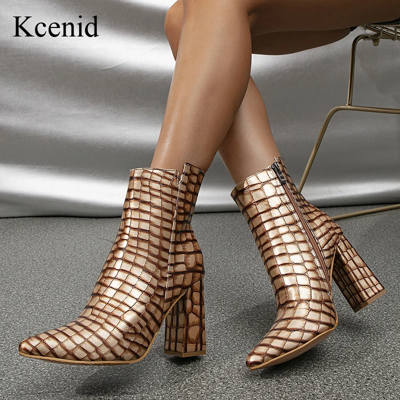 Kcenid Sexy Pointed Toe Crocodile Pattern Leather Boots Zipper Square High Heels Ankle Boots For Women Fashion Party Dress Shoes