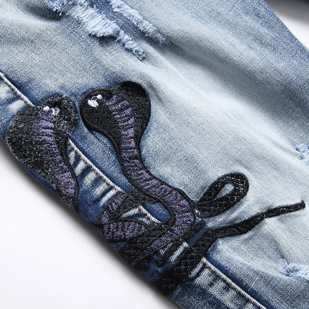 Men Snake Embroidery Jeans Holes Ripped Blue Stretch Denim Pants Slim Tapered Trousers 3