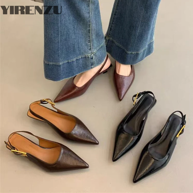 Summer Women Sandal Fashion Pointed Toe Shallow Slip on Ladies Elegant Slingback Shoes Thin Med Heel Dress Mules Black women slingback sandals women high heels shoes women dress shoes