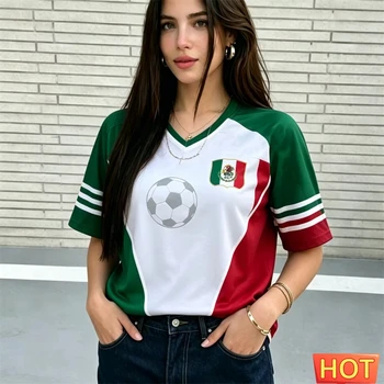 Summer Women V-neck Jersey Mexico Style Football Jersey Breathable Sport Womens T-shirt Polyester Breathable T-shirt Jersey Tops