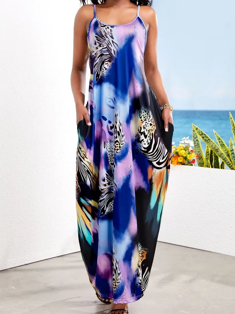 

Женское платье в пол без рукавов, винтажное платье в стиле бохо на тонких бретельках с леопардовым градиентным принтом, свободное прямое пляжное платье, лето