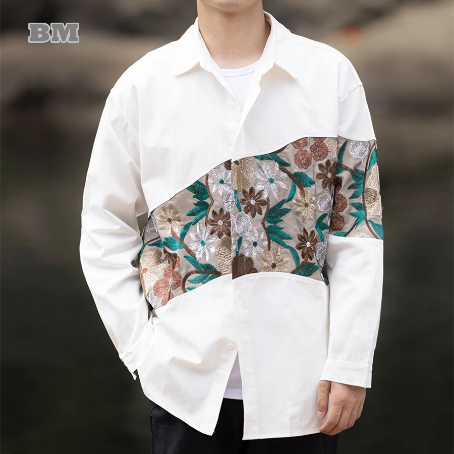 

Chinese Traditional Dress Stitching Shirt Men Clothing Plus Size Loose Ethnic Patchwork Lapel Long Sleeves Tai Chi Kung Fu Tops