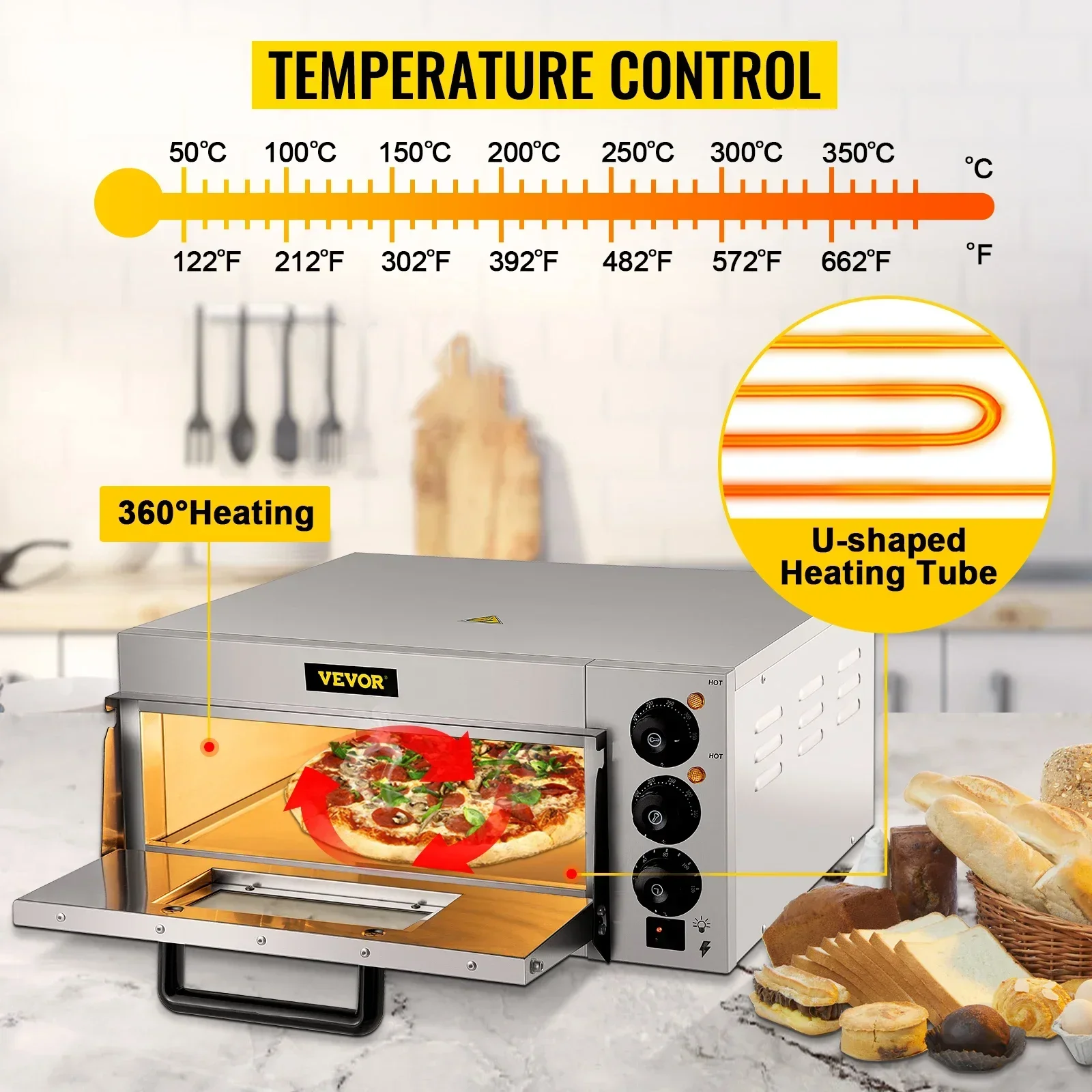 VEVOR 14" Stainless Steel Single Deck Layer Commercial Electric Pizza Oven Multipurpose Electric Pizza Maker for Restaurant Home