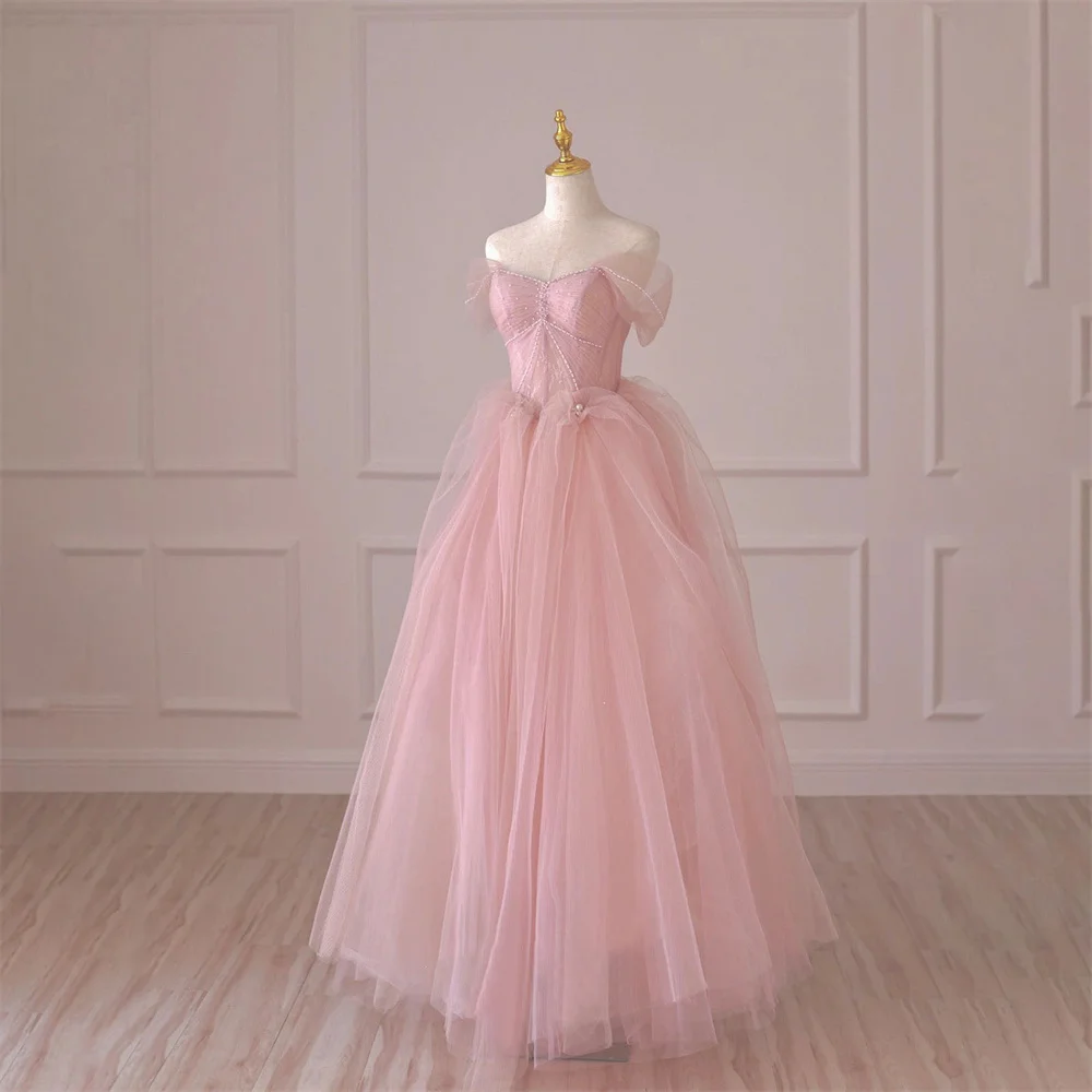 

Lily Pink Tulle Prom Dress Off the Shoulder Party Dresses Lace Long Celebrity Gowns Beaded Wedding Party Dress вечерние платья