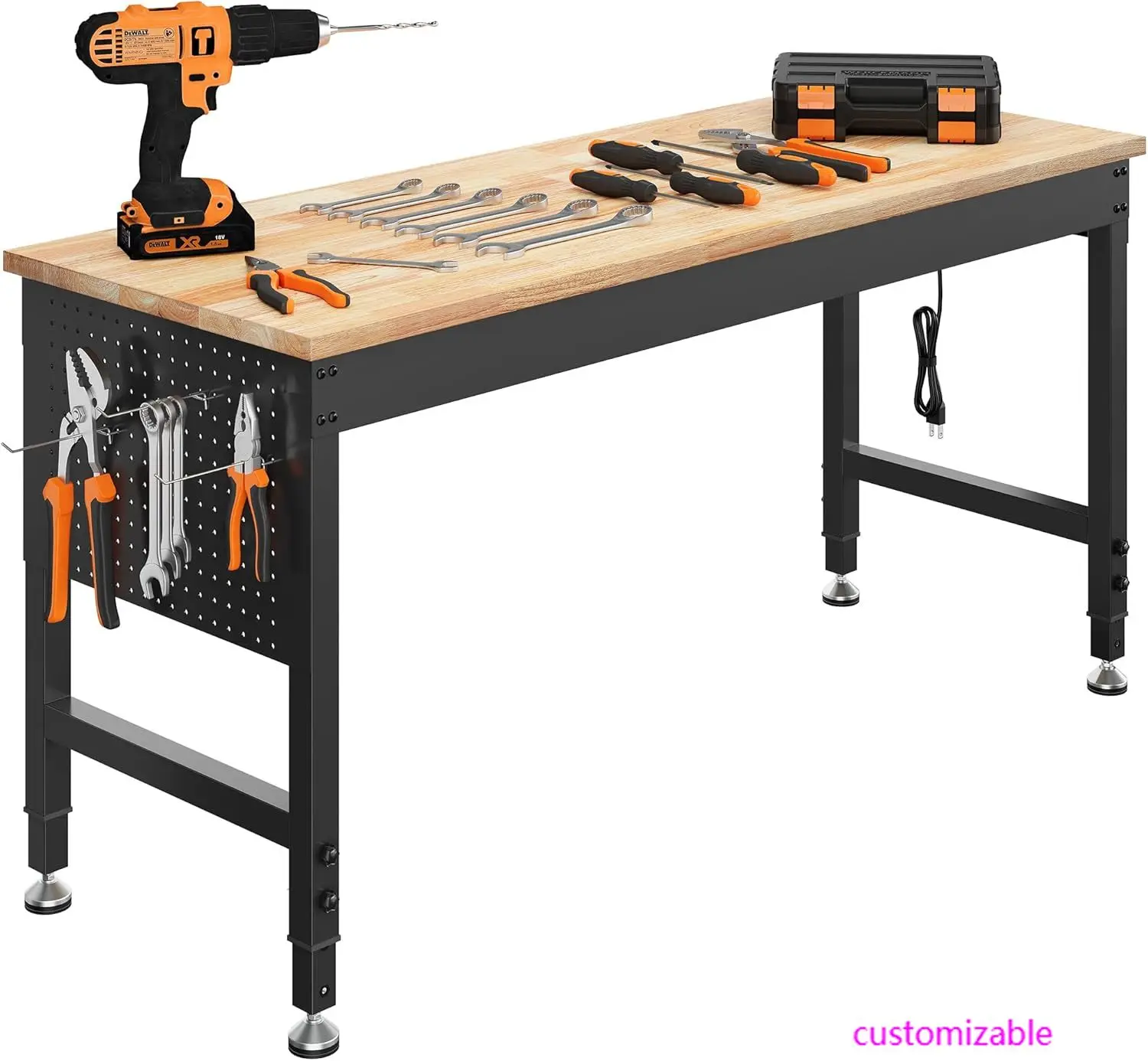 60" Heavy Duty Workbench 2000LB Load Adjustable Height with Pegboard Power Outlets Garage Workshop
