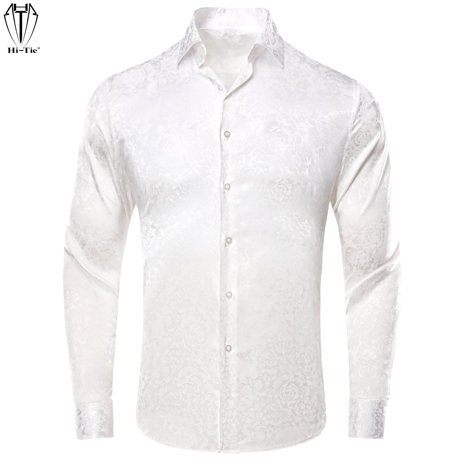 Hi-Tie Jacquard Silk Mens Shirt Long Sleeves Lapel Overshirt Wholesale for Male Comfortable Breathable White Black Green Pink велобандана buff 2016 infinity cotton buff jacquard infinity cotton buff® pink 111635 538 10 00