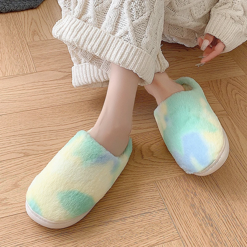Lucyever Fashion Tie Dye Fluffy Fur Slippers Women Winter Keep Warm Flat Heels Home Slides Woman Indoor Couple Cotton Shoes 45