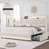 bedstead, with Charging Station and 4 Storage Drawers, Velvet Upholstered Platform Bed with Headboard, Metal Frame, bedstead 1