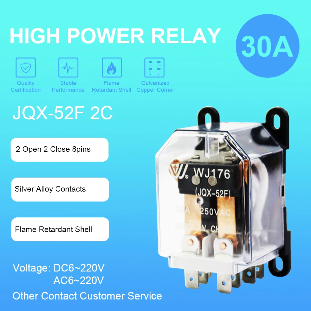 JQX52F 2C 30A dpdt relay 12v ac 24v coil power relay High Power Relay