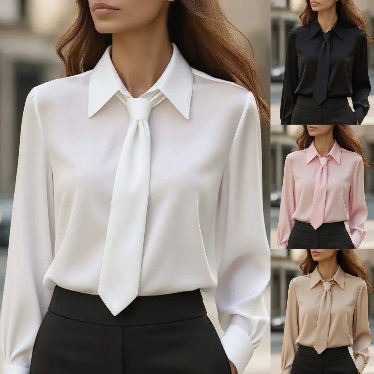 Women Black White Long Sleeve Solid Blouse Shirt for Spring Summer Workwear