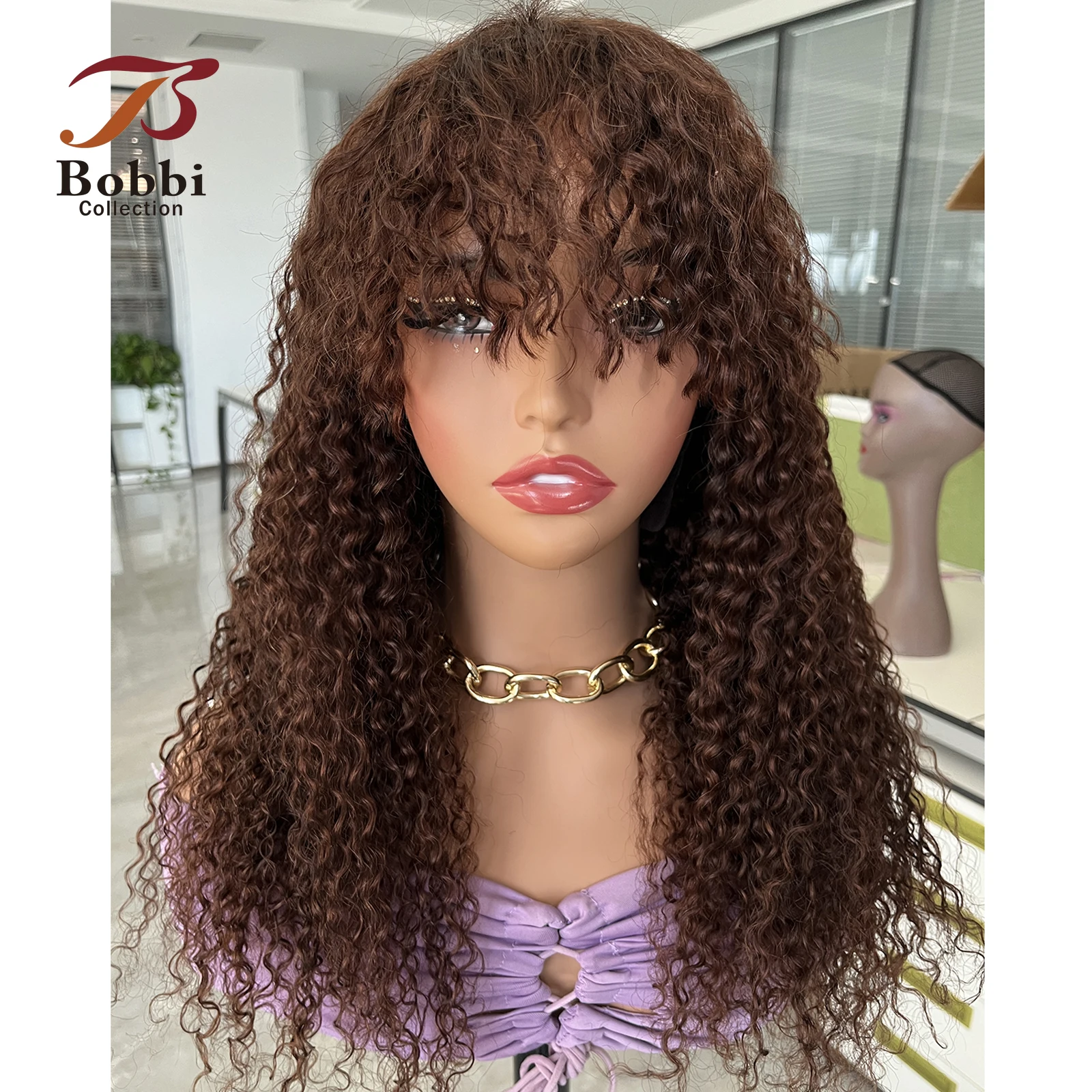 250% Density Jerry Curly Human Hair Wigs Bang Full Wig Brown Black Machine Made Non Lace Wig Fringe Bobbi