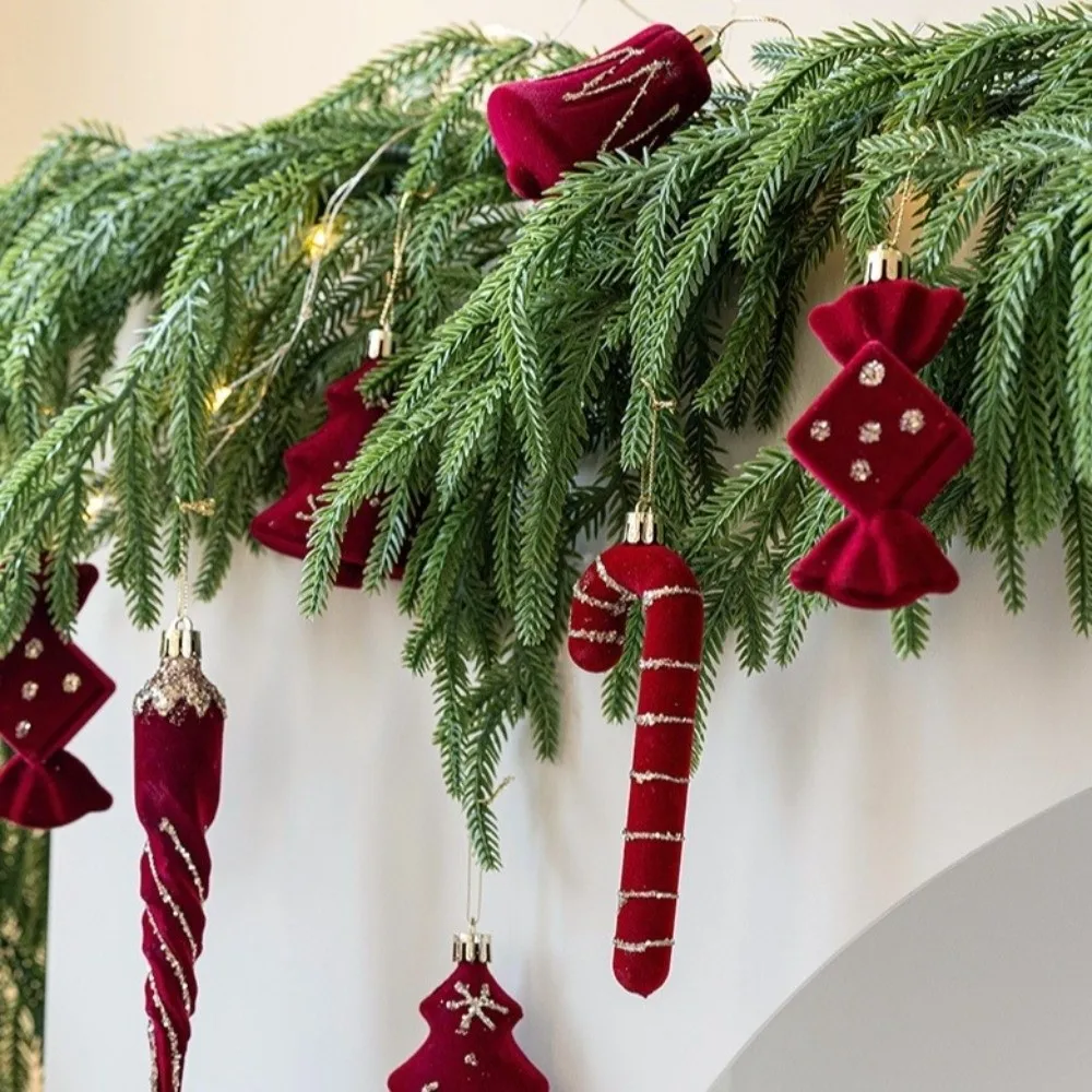 2pcs Red Christmas Tree Pendants Lollipop Flocked Candy Cane Pendants Bow Bell Xmas Tree Pendant Home Decoration