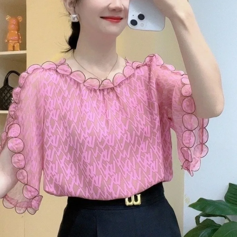 여성용 반팔 쉬폰 셔츠, O-넥 레터 프린트, 입체 장식, 우아한 루즈핏, 여름 패션