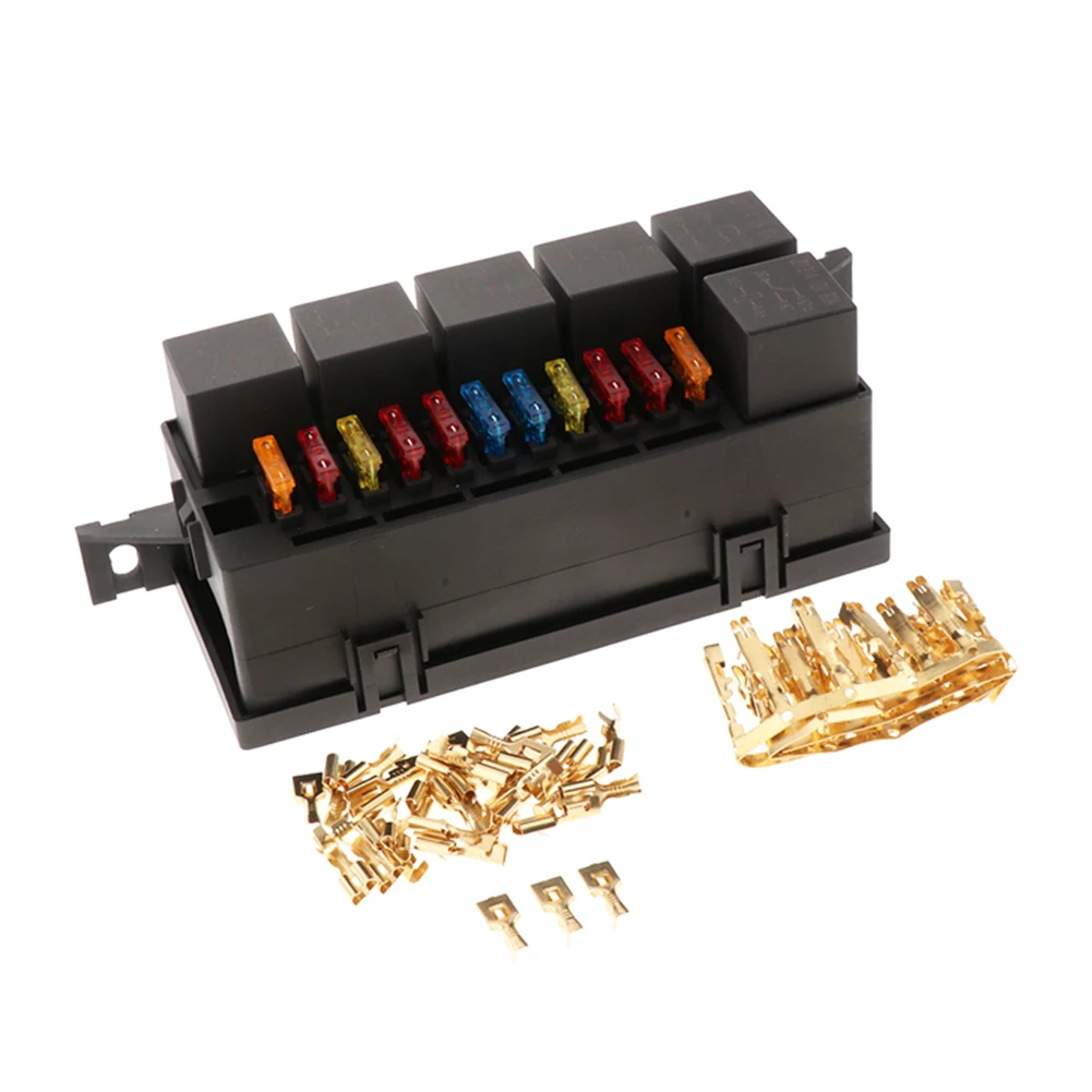 6Pcs 4Pin Plastic Cover 11 Ways Blade Fuse Block 12V 40A Fuse Box Holder For Car Marine Truck Trailer Boat with Spade Terminals