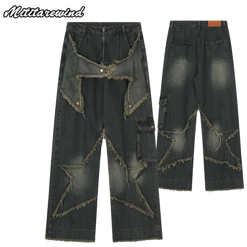 

High Street Denim Pants Men and Women Retro Five-pointed Star Patch Design Washed Raw Edge Straight Wide Leg Pants Mens Trousers