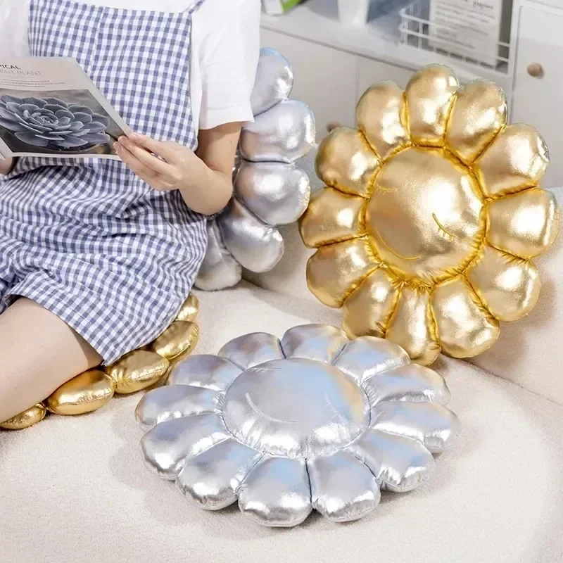 Silver Flower Cushion,Sunflower Plush Pillows for Bedroom Aesthetic, Soft Smiley Face Pillow Flower Floor Cushion