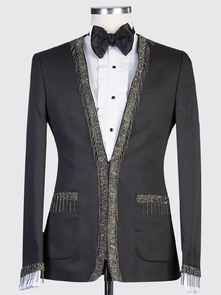 Luxury Men Suit Tailor-Made One Piece Blazer Single Breasted Sequins Lapel Tassel Sparkly Business Wedding Plus Size Tailored