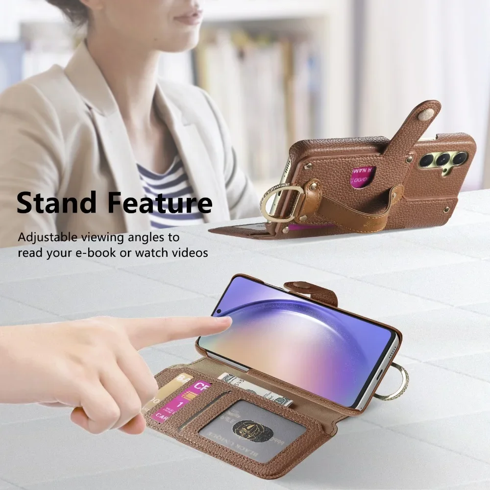 Card Holder Wallet Wrist Strap Ring Flip Phone Case