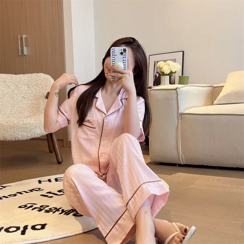 Women Pajamas Sets Pocket Solid Pijama Faux Silk Satin Lapel Pyjama Female Sleepwear Long Sleeve Shirt Pants Suits Homewear