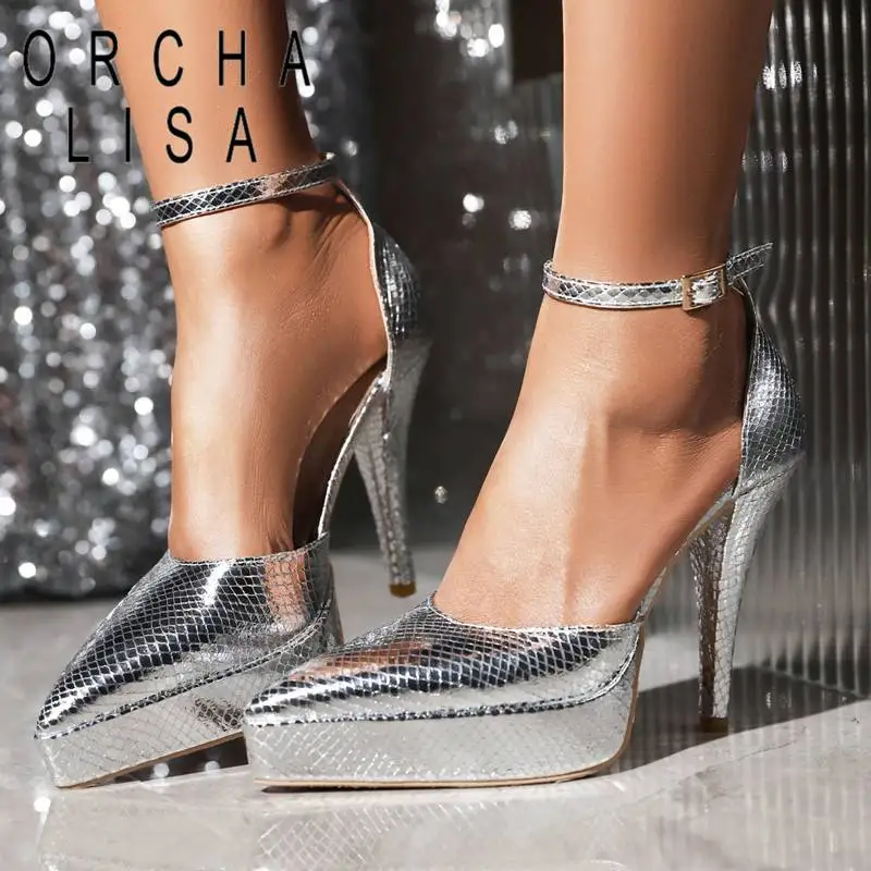 

ORCHA LISA Women Pumps Pointed Toe Thin Heel 11.5cm Platform 2.5cm Stone Pattern Buckle Strap Nightclub Party Sexy Big Size 43