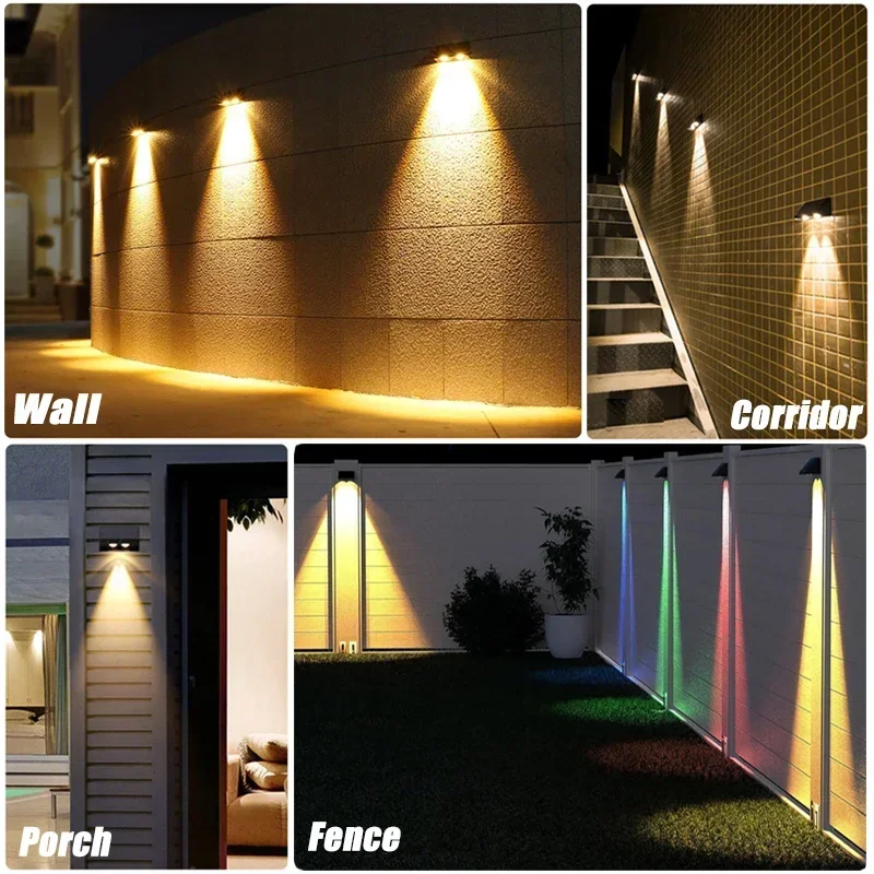 Lampada Solare da Esterno,11 Modalità di Illuminazione,9 Colori&RGB,Applique da Parete, Impermeabile IP65, per Recinzione,Terrazza, Parete,Decorazione Balcone (4 Pezzi 3 Obiettivi Lampade Solari