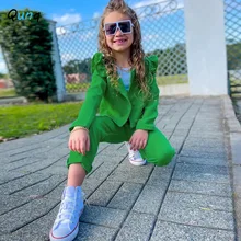  Qunq Girls Autumn New Solid Puffed Sleeves Peplum Long Sleeves Top + Pants 2 Pieces Set ins Wind Casual Kids Clothes Age 3T-8T 