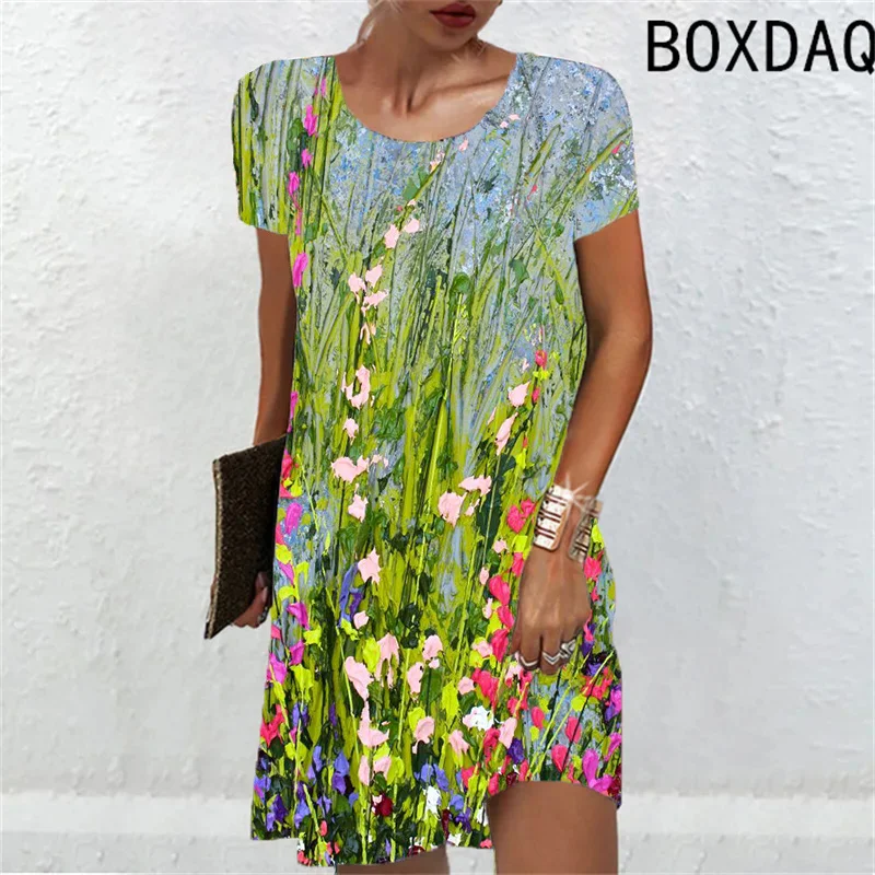 

Streetwear Clothing Women Dress Vintage Floral Printing Short Sleeve O-Neck Mini Dress New Summer Plus Size Woman Dress Vestidos