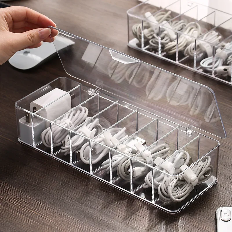 

Transparent Plastic Desktop Data Cable Storage Box MobilePhone Charger Charging Cable Finishing Box Divided Grid Box