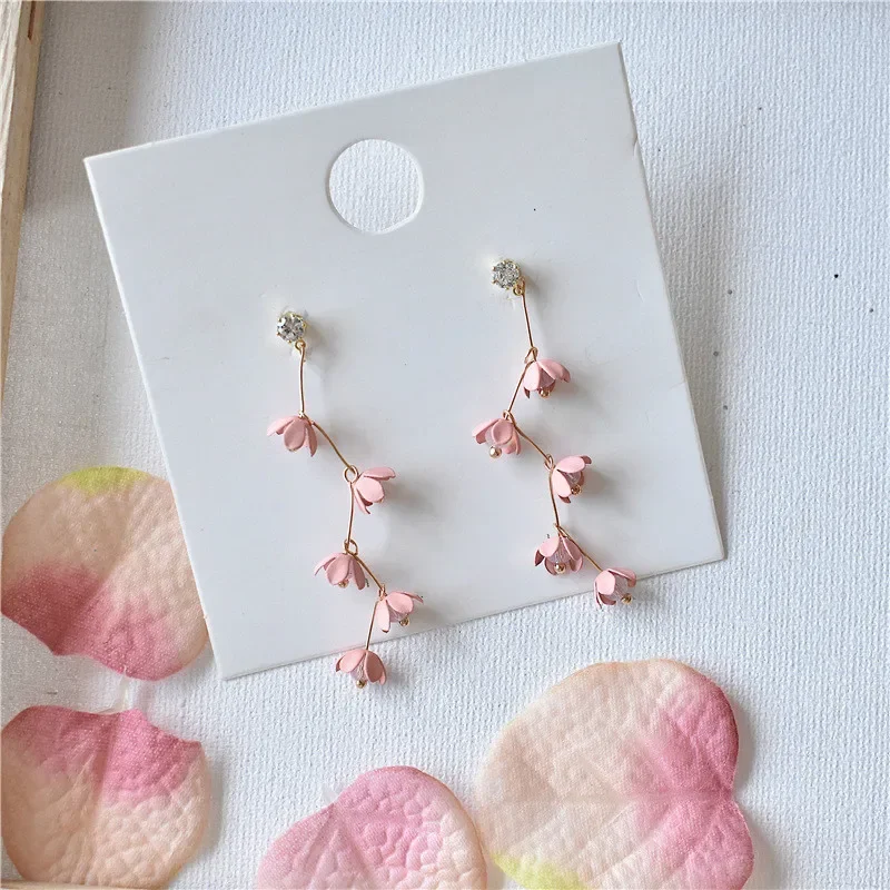 Dangle Earrings Bohemian Long Tassel Pink Flowers Rhinestone Earrings For Women
