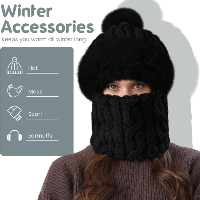 Women Winter Beanie Hats One-Piece Fleece Lined Knit Balaclavas Mask Set Skull Neck Circle Scarf Ski Snow Hat Cap with Pompom 2