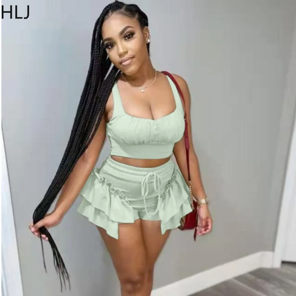 

HLJ Summer Solid Ruched Ruffle Shorts Two Piece Sets Women Strap Sleeveless Crop Vest And Shorts Outfits Fashion 2pcs Clothing