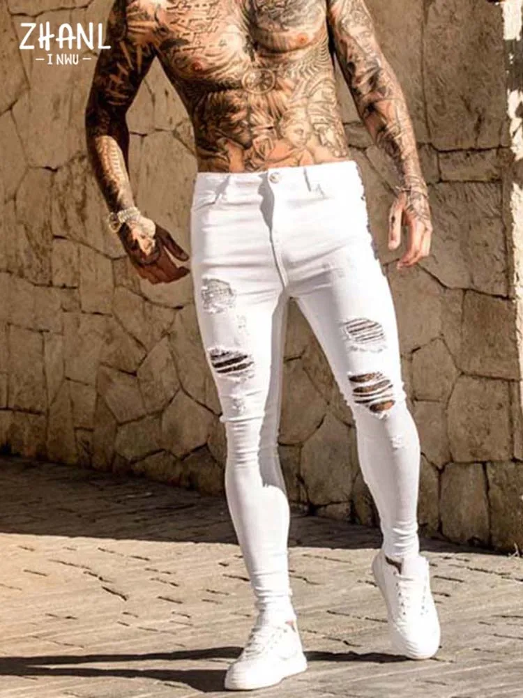 Pants On Sale Men|men's Skinny Ripped Jeans - Stretch Denim Pencil Pants  With Pockets