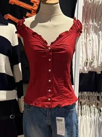 Blue Plaid Fungus T-shirt Women V Neck Single Breasted Puff Sleeve Slim Folds Tee Shirts Summer New Sweet Chic Casual Crop Tops - Image 5